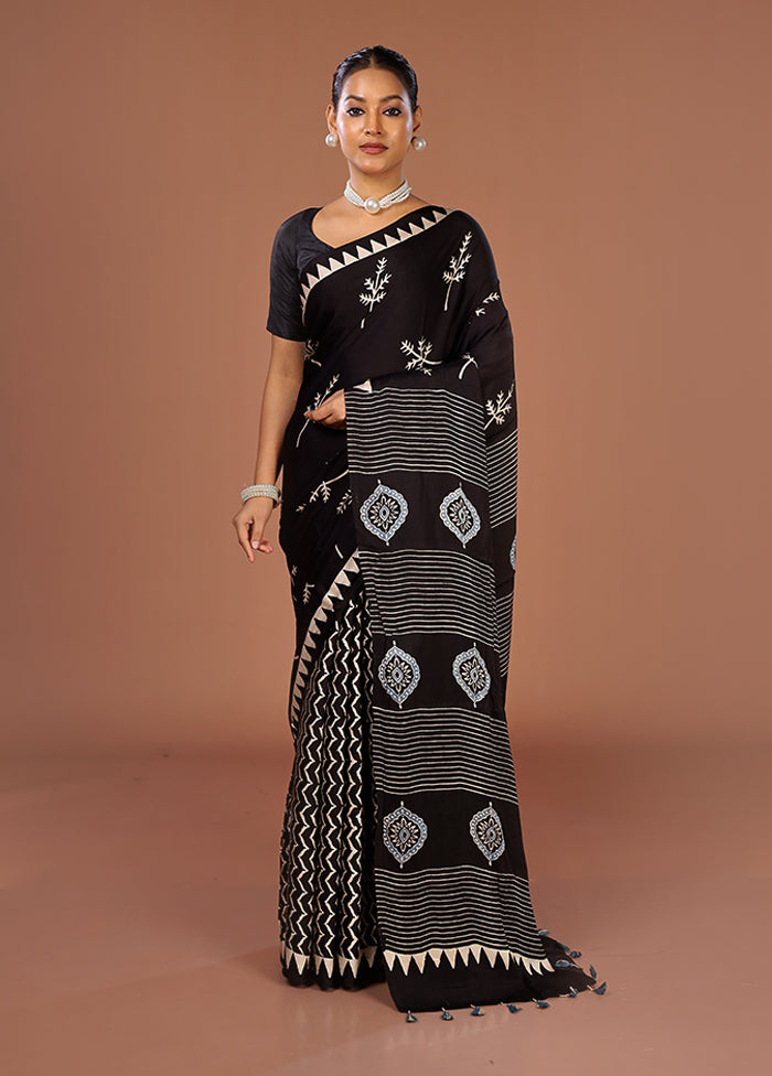 Black Printed Pure Silk Saree Without Blouse Piece