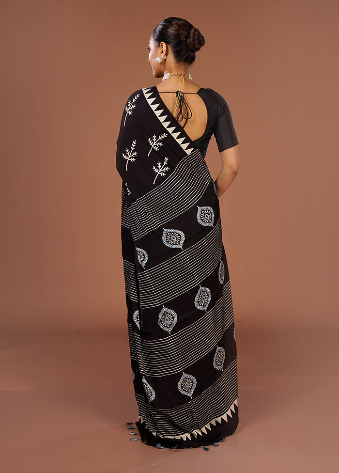 Black Printed Pure Silk Saree Without Blouse Piece