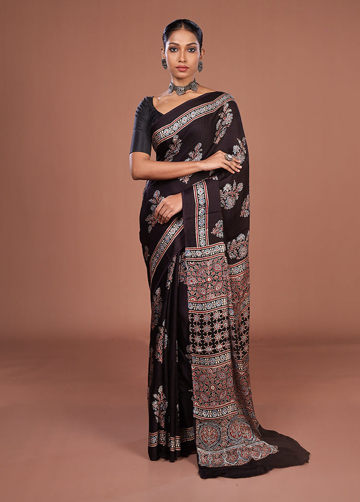 Black Printed Pure Silk Saree Without Blouse Piece