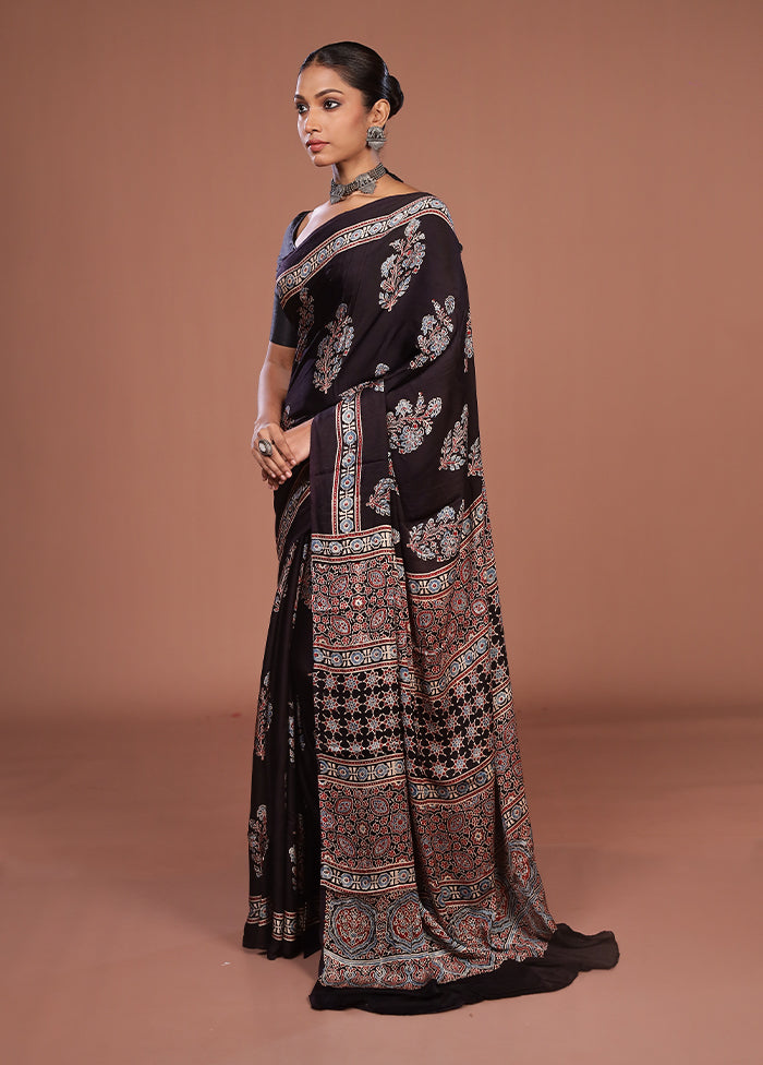 Black Printed Pure Silk Saree Without Blouse Piece