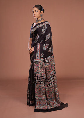 Black Printed Pure Silk Saree Without Blouse Piece