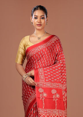 Red Printed Pure Silk Saree Without Blouse Piece