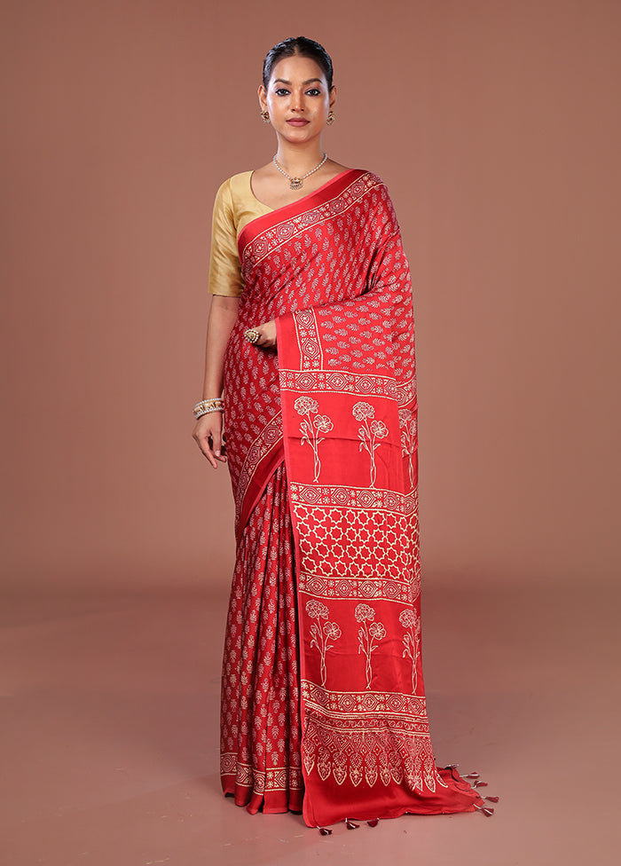 Red Printed Pure Silk Saree Without Blouse Piece