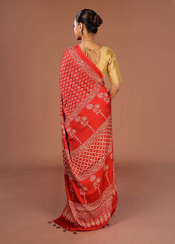 Red Printed Pure Silk Saree Without Blouse Piece