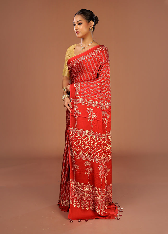 Red Printed Pure Silk Saree Without Blouse Piece