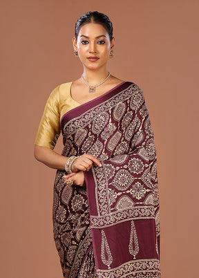 Purple Printed Pure Silk Saree Without Blouse Piece