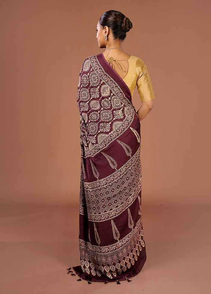 Purple Printed Pure Silk Saree Without Blouse Piece
