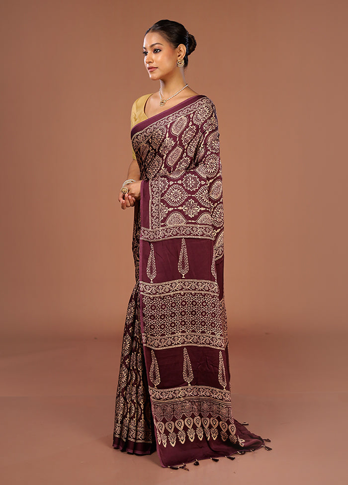 Purple Printed Pure Silk Saree Without Blouse Piece