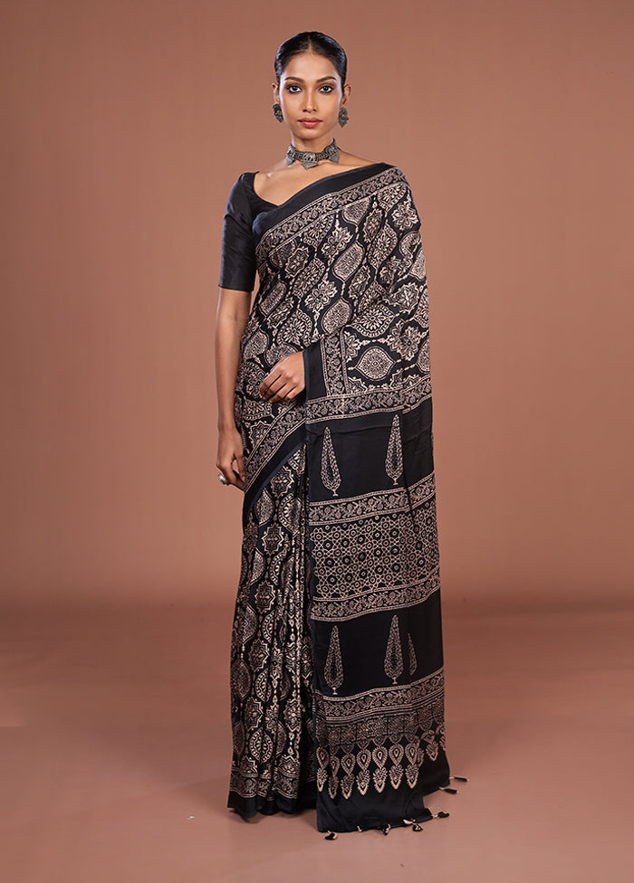 Black Printed Pure Silk Saree Without Blouse Piece