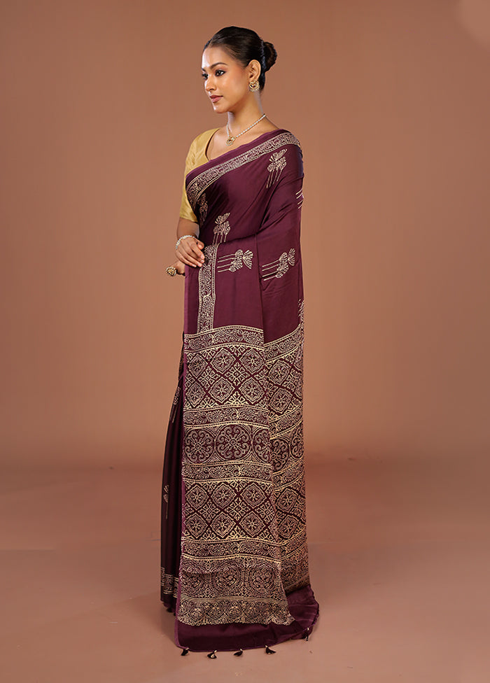 Purple Printed Pure Silk Saree Without Blouse Piece