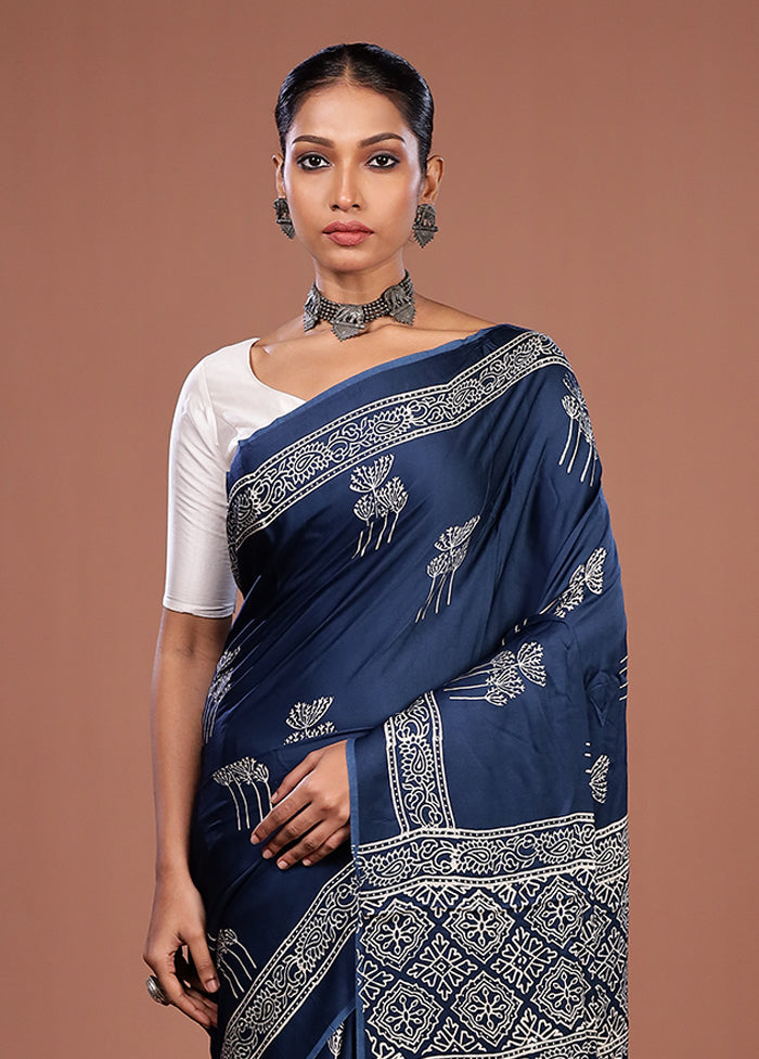 Blue Printed Pure Silk Saree Without Blouse Piece