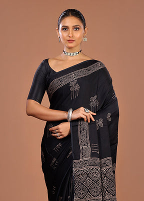 Black Printed Pure Silk Saree Without Blouse Piece