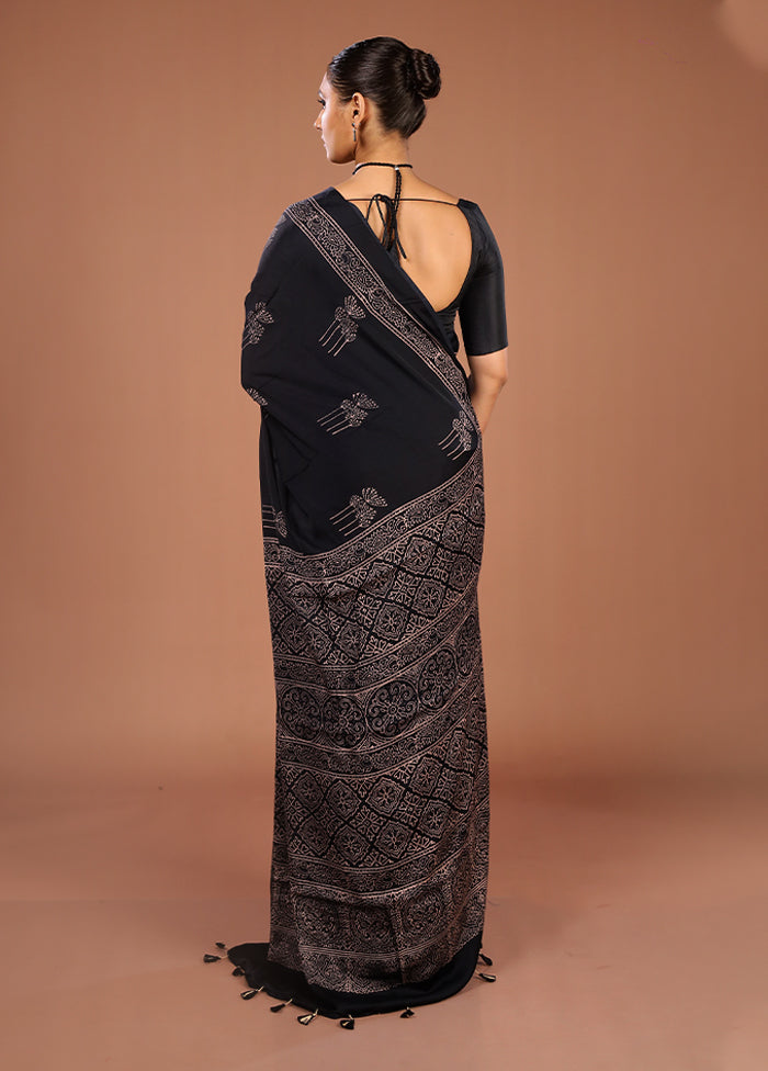 Black Printed Pure Silk Saree Without Blouse Piece