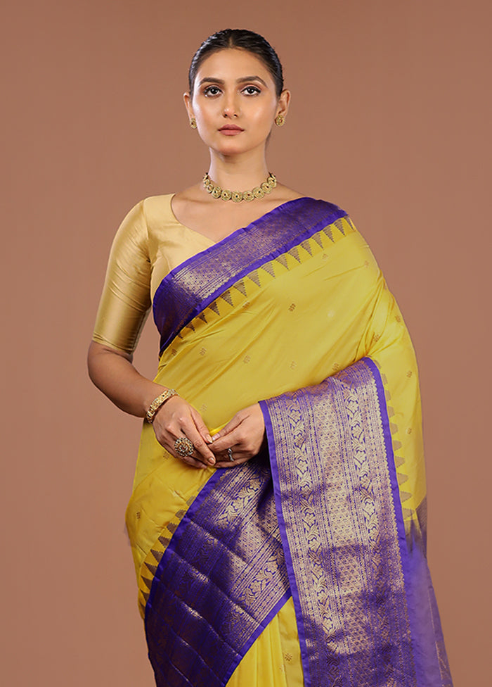 Yellow Gadwal Silk Saree Without Blouse Piece