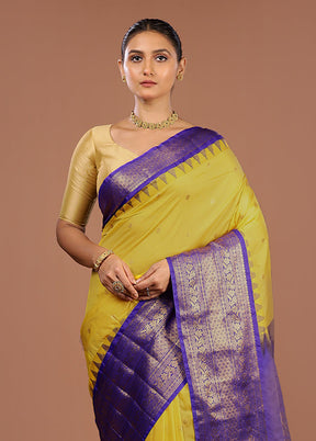 Yellow Gadwal Silk Saree Without Blouse Piece