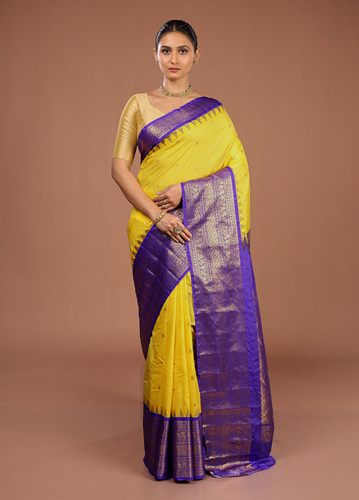 Yellow Gadwal Silk Saree Without Blouse Piece