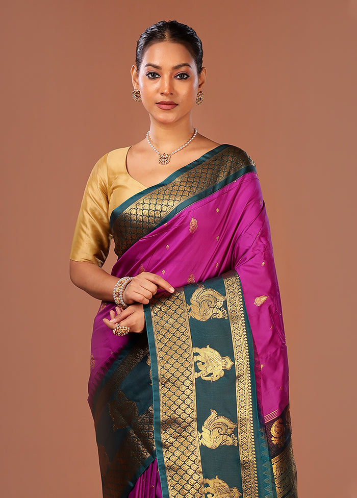 Purple Gadwal Silk Saree Without Blouse Piece