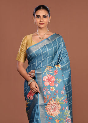 Blue Tussar Silk Saree With Blouse Piece