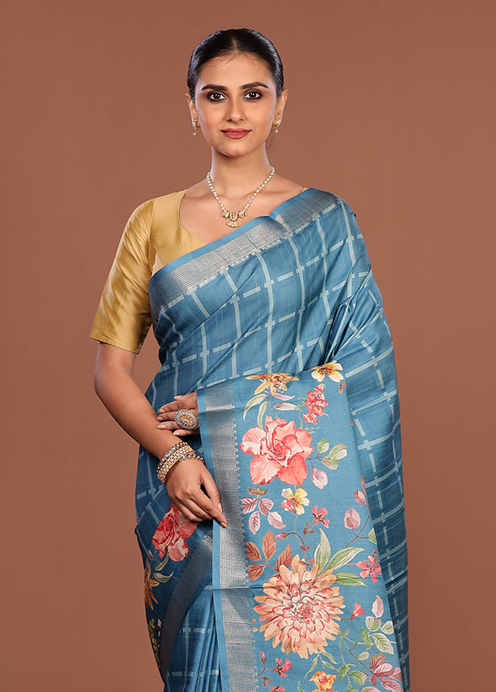 Blue Tussar Silk Saree With Blouse Piece
