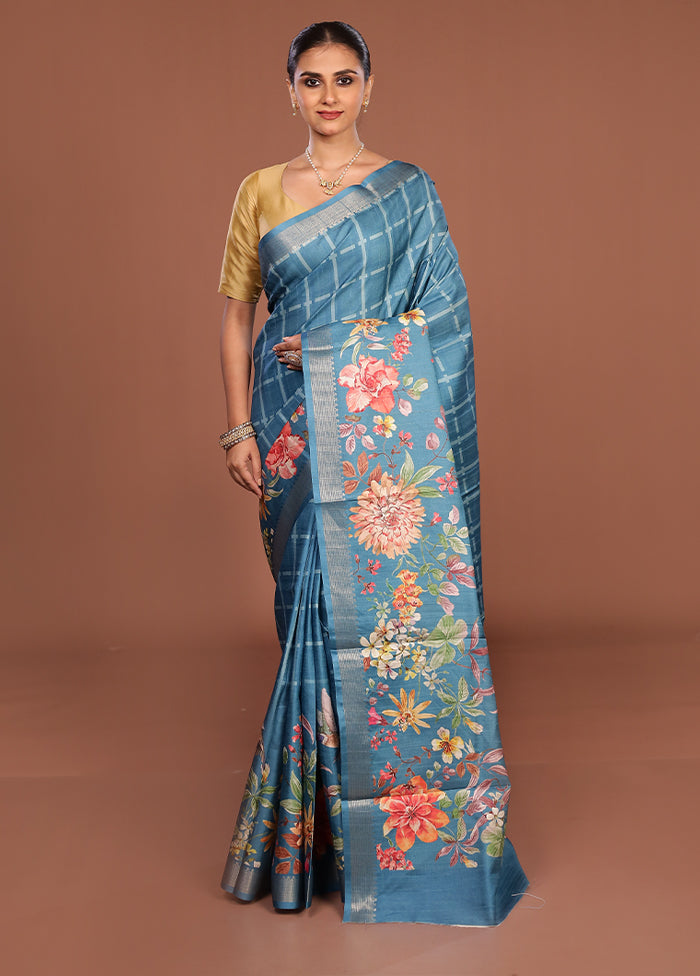 Blue Tussar Silk Saree With Blouse Piece