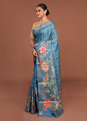 Blue Tussar Silk Saree With Blouse Piece