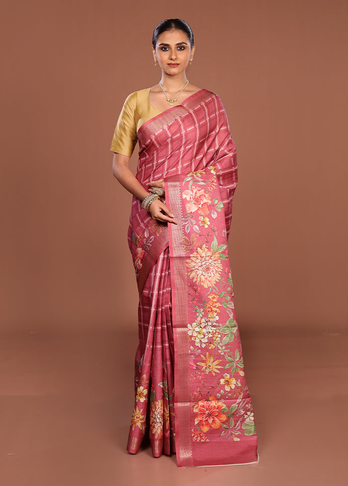 Pink Tussar Silk Saree With Blouse Piece