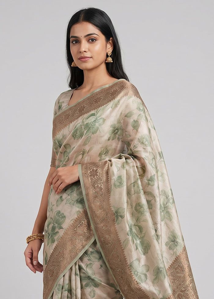Cream Tussar Silk Saree With Blouse Piece