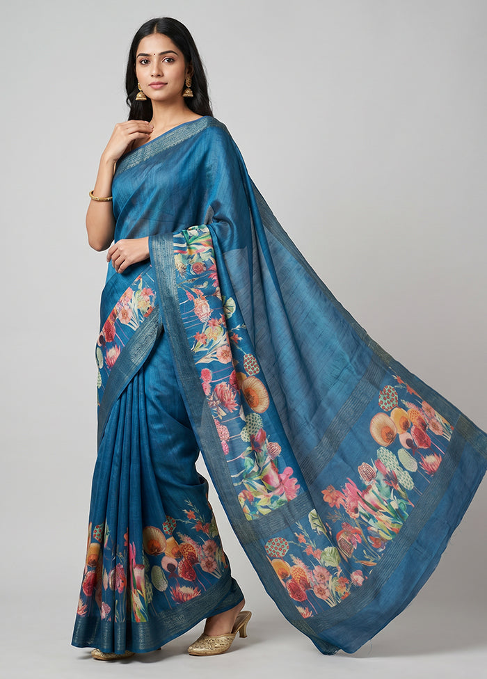 Blue Tussar Silk Saree With Blouse Piece