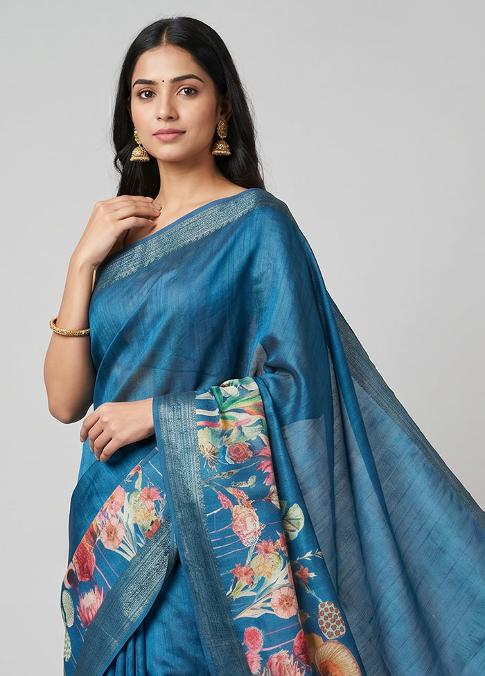 Blue Tussar Silk Saree With Blouse Piece