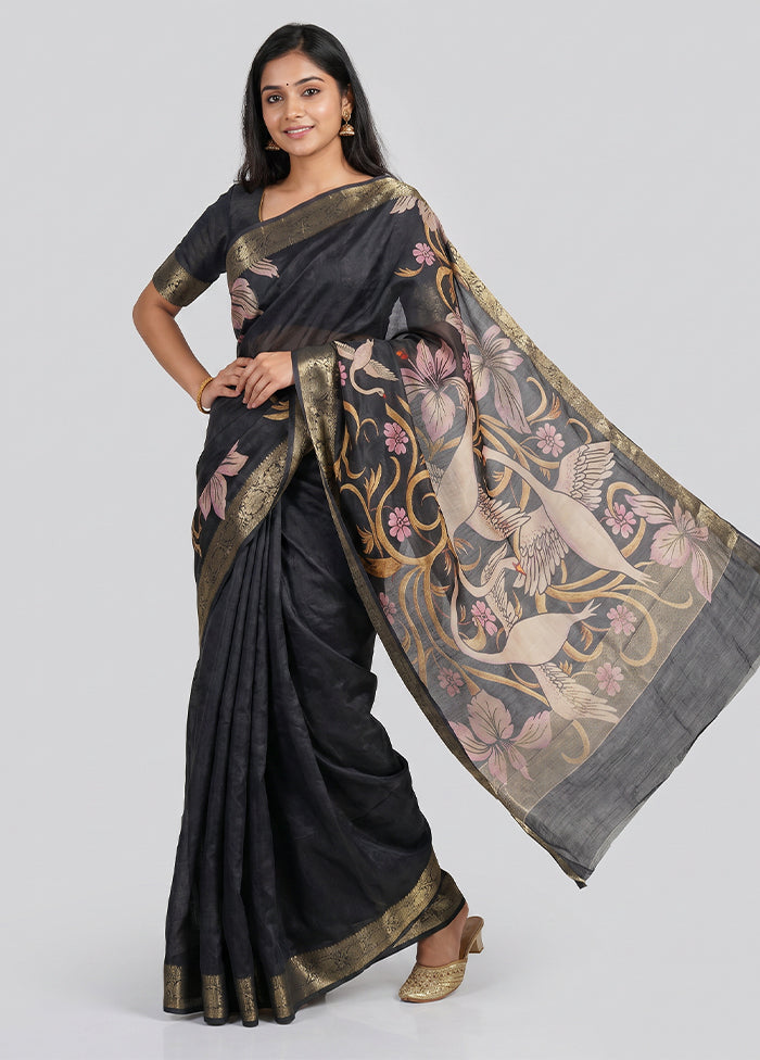 Black Tussar Silk Saree With Blouse Piece