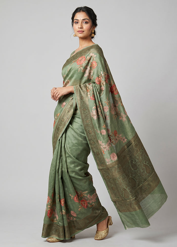 Green Tussar Silk Saree With Blouse Piece