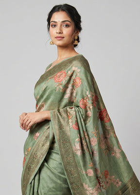 Green Tussar Silk Saree With Blouse Piece