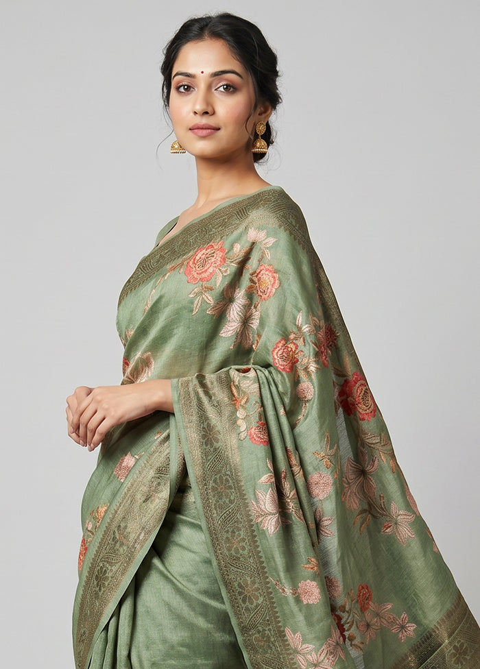 Green Tussar Silk Saree With Blouse Piece
