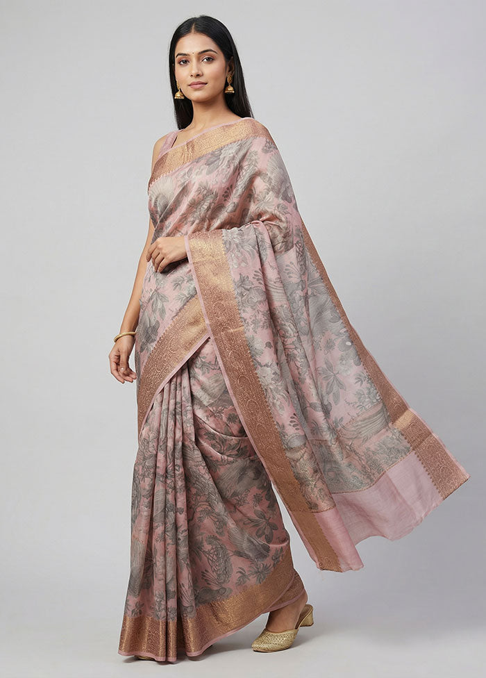Pink Tussar Silk Saree With Blouse Piece