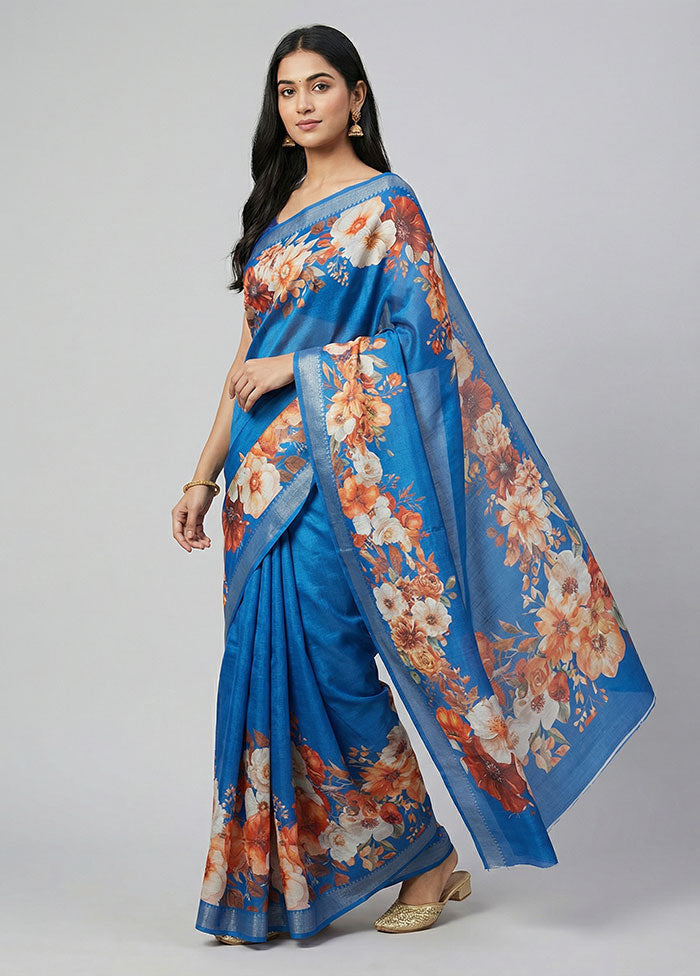 Blue Tussar Silk Saree With Blouse Piece