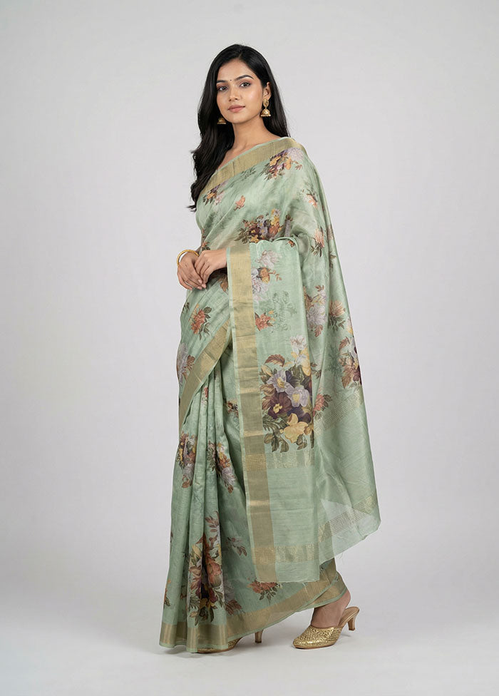 Green Tussar Silk Saree With Blouse Piece
