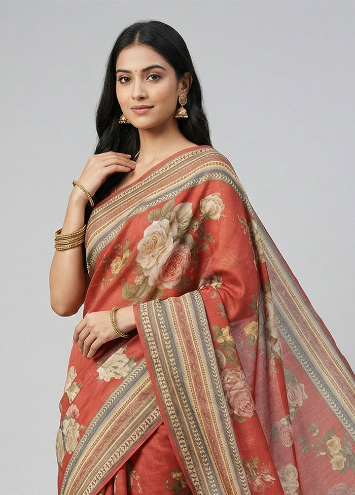 Red Tussar Silk Saree With Blouse Piece