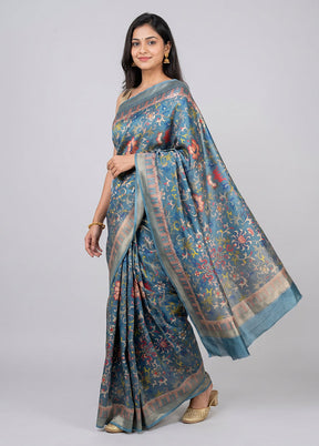 Blue Tussar Silk Saree With Blouse Piece