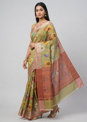 Green Tussar Silk Saree With Blouse Piece