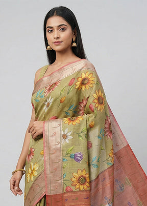 Green Tussar Silk Saree With Blouse Piece
