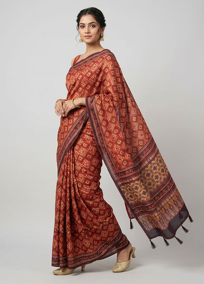 Orange Tussar Silk Saree With Blouse Piece