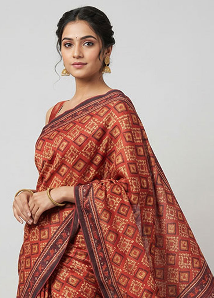 Orange Tussar Silk Saree With Blouse Piece