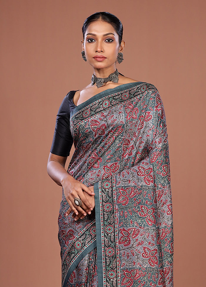 Grey Tussar Silk Saree With Blouse Piece