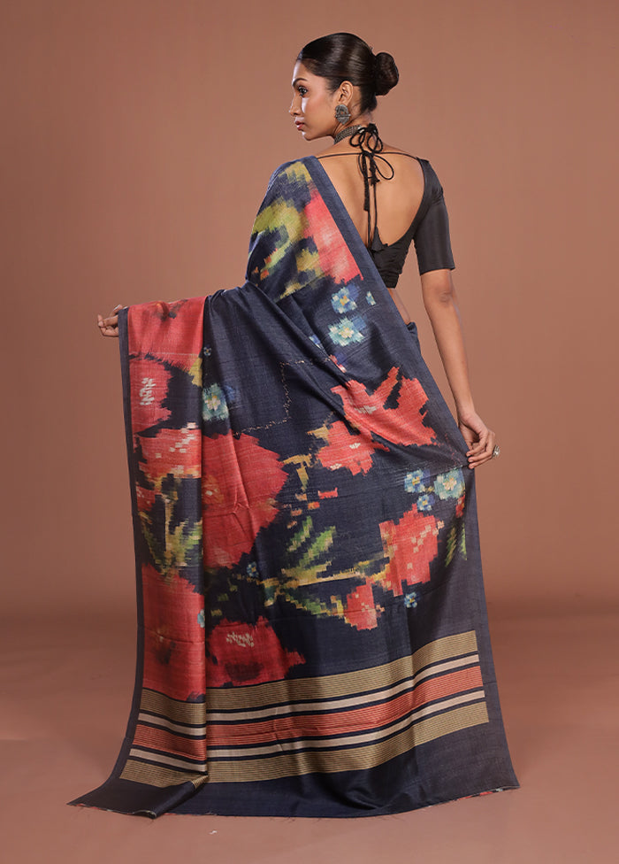 Blue Tussar Silk Saree With Blouse Piece