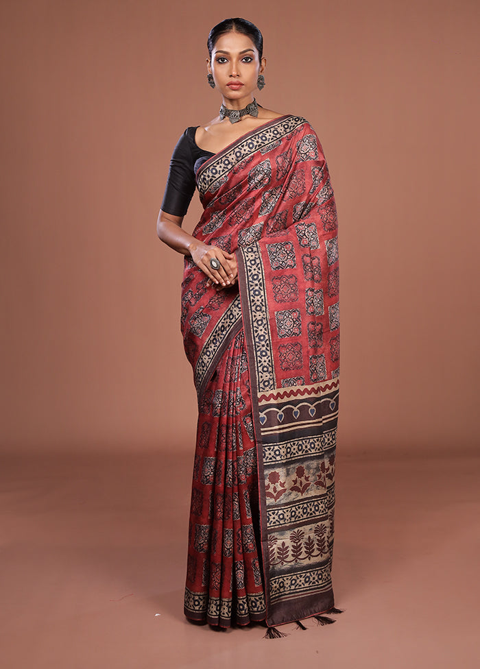 Maroon Tussar Silk Saree With Blouse Piece