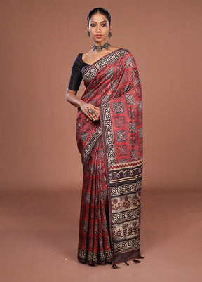 Maroon Tussar Silk Saree With Blouse Piece