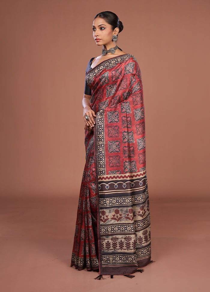Maroon Tussar Silk Saree With Blouse Piece