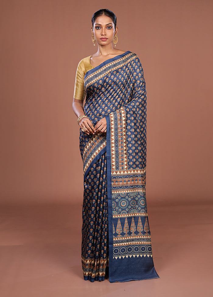 Blue Tussar Silk Saree With Blouse Piece