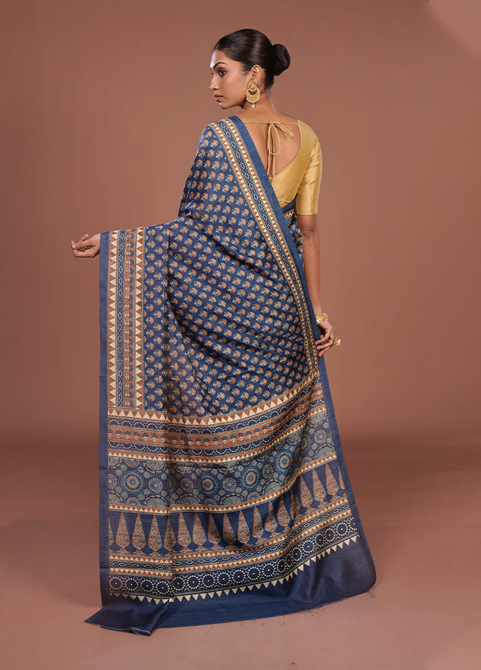 Blue Tussar Silk Saree With Blouse Piece