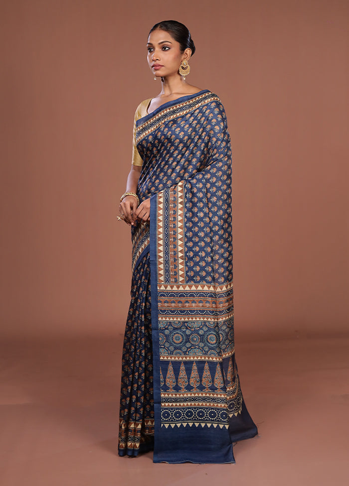 Blue Tussar Silk Saree With Blouse Piece